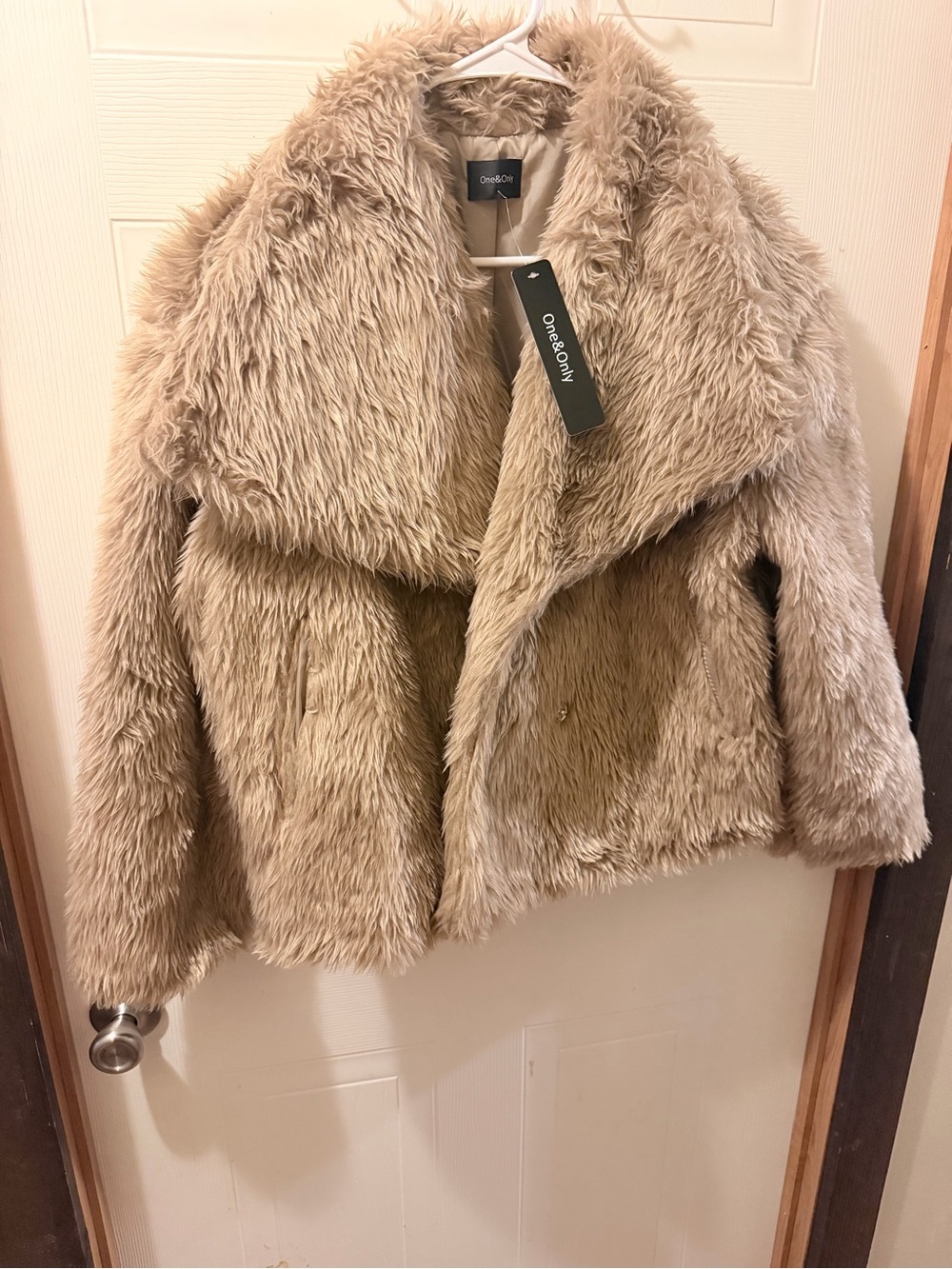 One & Only Plush Faux Fur Moto Jacket in Beige